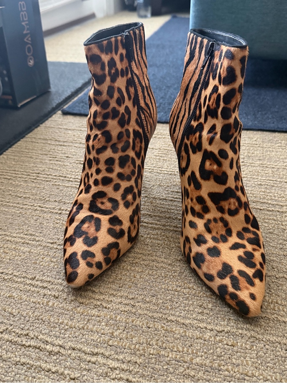 Leopard Print Women’s Ankle Boots - Pointed Toe with Calf Hair
